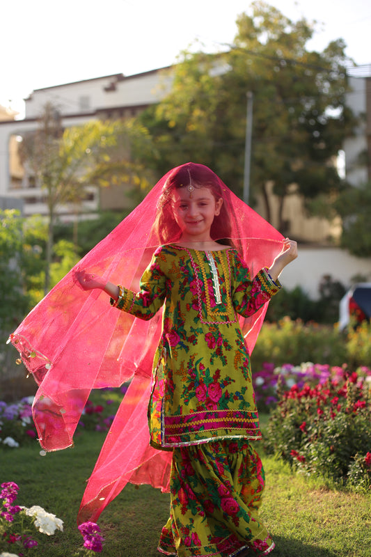 Sabz Rang -Floral print embellished Gharara Set 3 PC