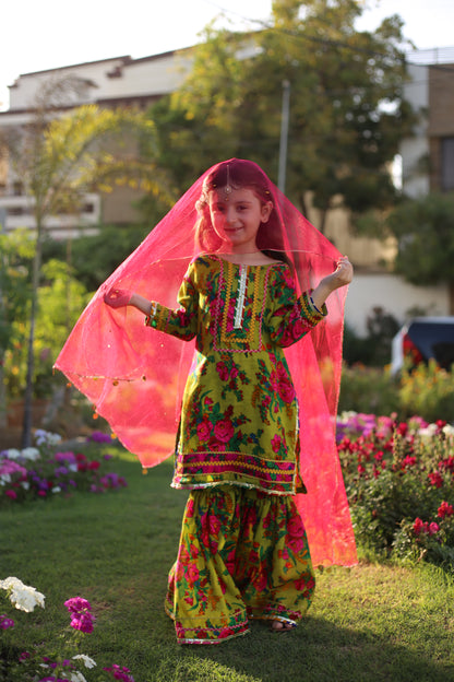 Sabz Rang -Floral print embellished Gharara Set 3 PC